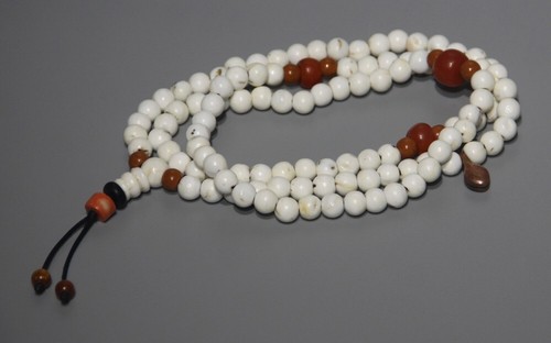 Tibet 108P 1800s Old Buddhist White Coral Mala Nanhong Agate Prayer Bead Amulet - Picture 15 of 20