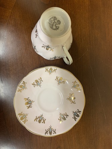 Royal Grafton Pink Pedestal Teacup Saucer Bone China Gold Leaf Turquoise center - Picture 2 of 12