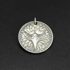 Antiqued Sterling Silver Detailed Bald Eagle Front Head Coin Round Charm Pendant