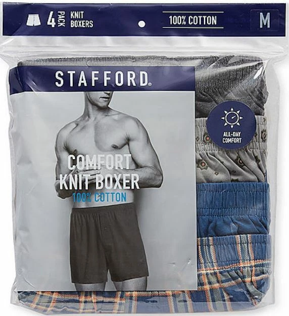 Stafford Men's 4-Pack 100% Cotton Knit Boxer Shorts Solids/Print/Plaid  Assorted