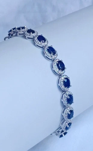 Blue Sapphire Oval Zircon Halo Bracelet 925 Sterling Silver Handmade Jewelry