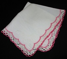 Vintage Hankie Lovely White Cotton Dainty Pink Crochet Trim Accent Embroidery
