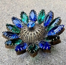 Vintage Art Deco 1920s Blue Green Marquise Rhinestone Prong Filigree Brooch