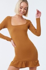 NWT FOREVER 21 Ribbed Square Neck Ruffle Long Sleeve Knit Shirt Bodycon Dress S