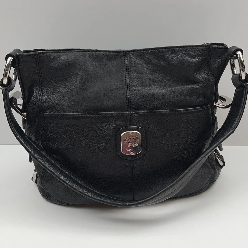 MAXX New York Black Leather Hobo Bag Pebble Shoulder Purse Chunky Buckle Accent - Image 3 of 4