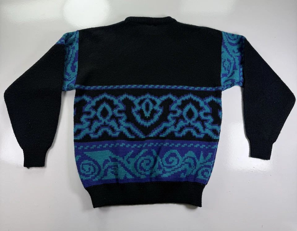 Suéter Erika Vintage Años 80 Pequeño Negro Azul Morado Floral Abstracto Tejido Retro Foto 2 de 4