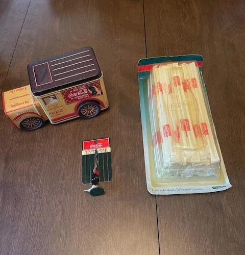Vtg 1995 Coca Cola Delivery Yellow Truck Collector Tin + Ornament & Straws