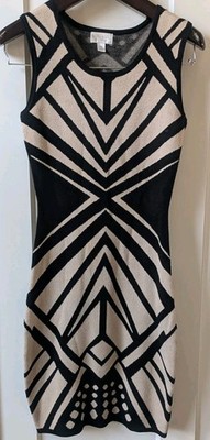 Bisou Bisou Women's Medium Black Cream Geometric Bodycon Dress Sleeveless Knit