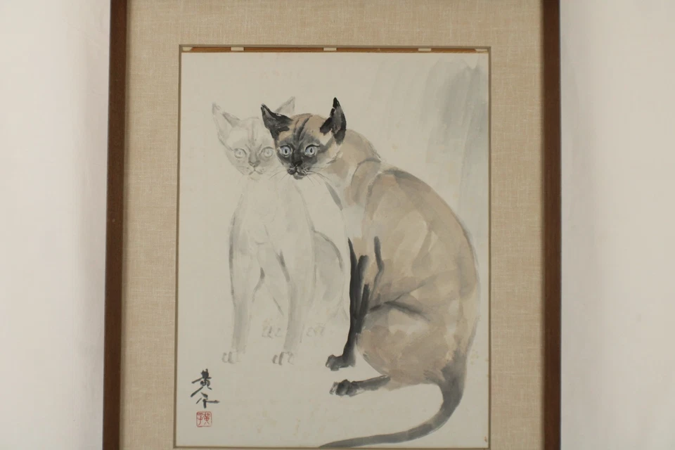 Акварель в японском стиле (Sumi-e) гуашь картина сиамских кошек с автографом - Изображение 3 из 4
