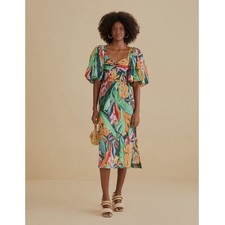 FARM Rio Multicolor Banana Foliage Puff Sleeve Floral Midi Dress New w/ Tags S