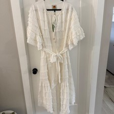 New w Marks FARM Rio Off White Embroidered Trim Midi Dress Boho Bridal Sz Large