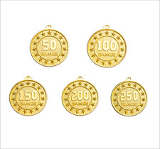 50, 100, 150, 200, 250, 300 Games 50mm Medal Football, Soccer, Netball, B/Ball