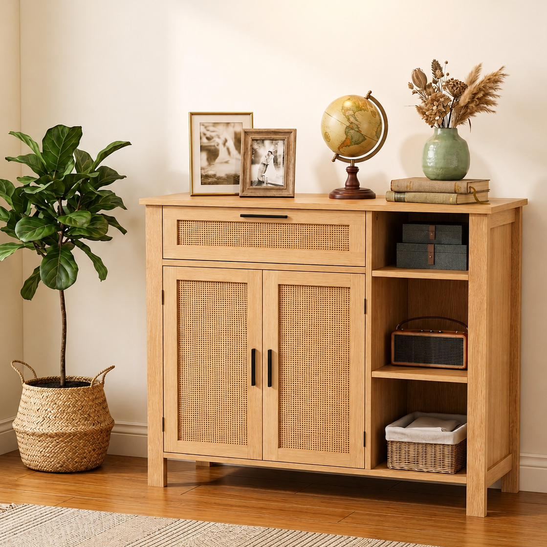 Sideboard Rattan Storage Cabinet Drawer Shelves Cupboard Buffet Natural Boho