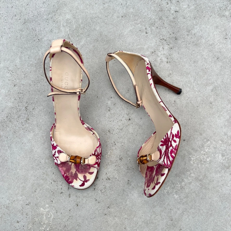 Gucci | Authentic Vintage Bamboo Bit Pink White Floral Pattern Ankle Strap (36) - Image 2 of 4