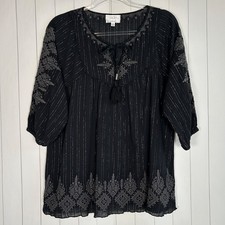 Johnny Was Jade size M Devaki peasant top black silver embroidered boho tasseled