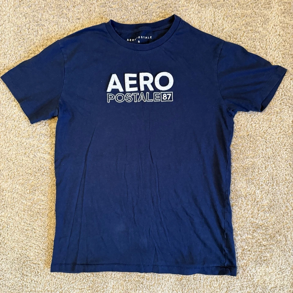 Camiseta Aeropostale Azul Marino Logo Repujado Para Hombre Talla Pequeña Y2K Azul Blanco Estilo Vintage Foto 2 de 4