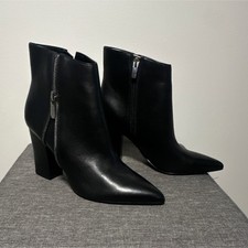 Nine West Black Leather Ankle Boots Block Heel Pointed Toe Side Zipper