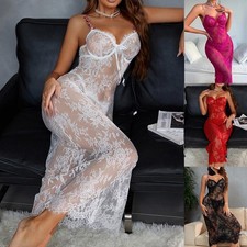 Women Lace See Through Maxi Dress Spaghetti Strap Sheer Mesh Lace Floral Dresses