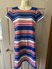 Talbots Size M Knit Spring Pink Blue Stripes Zipper Shoulder Dress