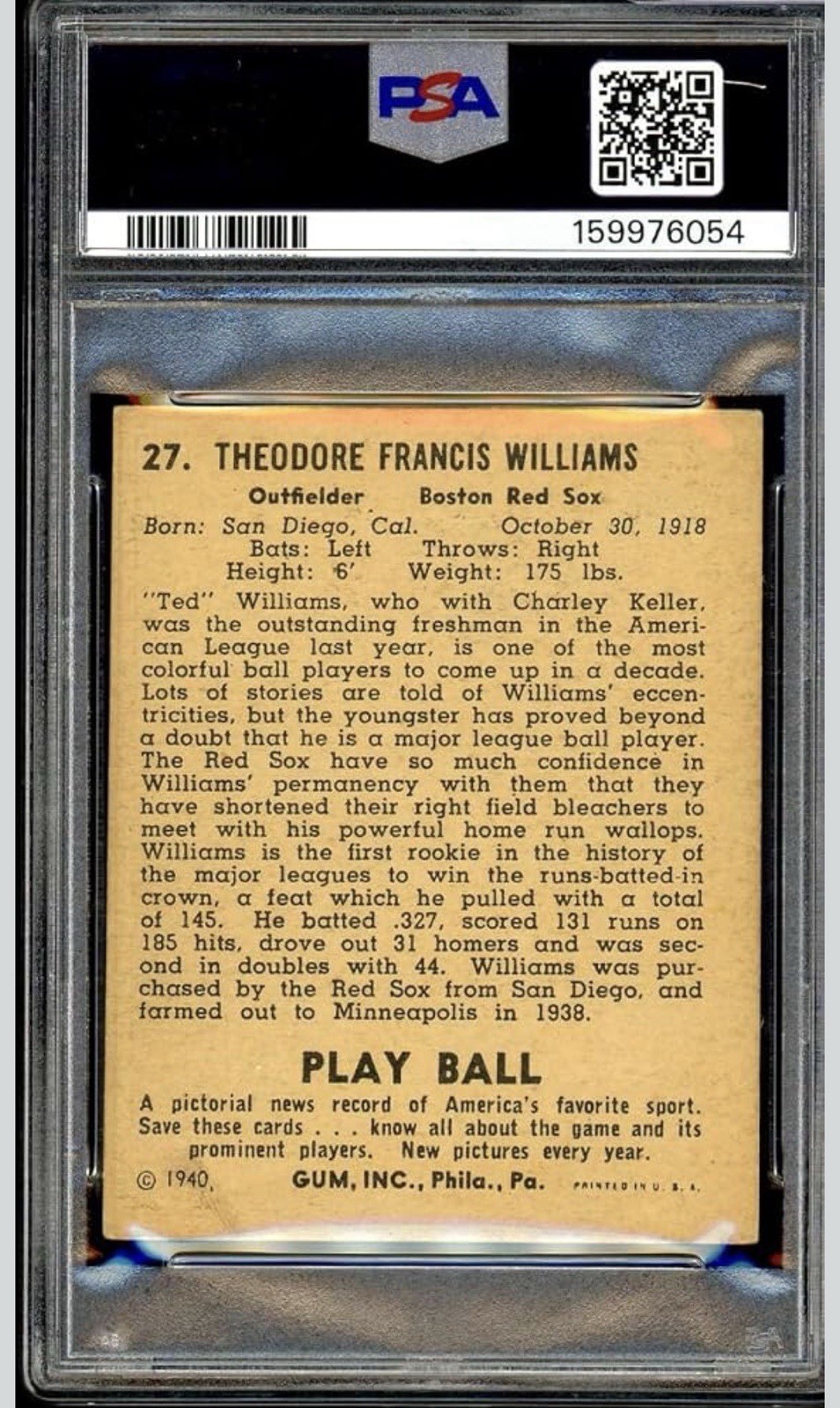 1940 Play Ball - Ted Williams PSA 3 #27 Fantastic Condition! view 2