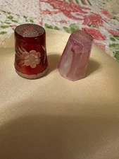 Vtg. Lot 2 Glass Thimbles, Etched Cranberry/Germany & Bavarian Octagonal Frosted