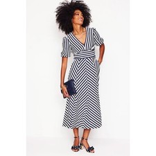 Boden Midi Dress Ponte Panelled Tea Navy Ivory Stripe Puff Sleeve Pockets Sz 6