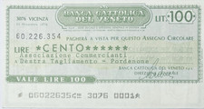 ITALY 100 ITALIAN LIRA LIRE OLD BANKNOTE 1976 REGIONAL VENICE CHEQUE Miniassegni