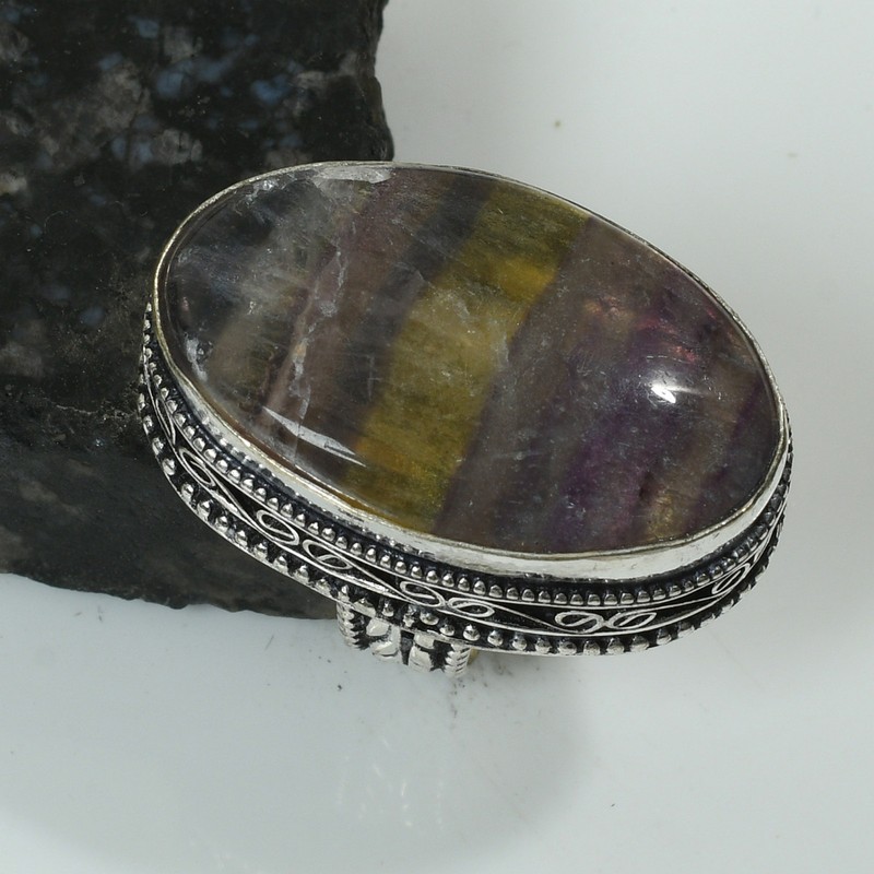Fluorite Gemstone Handmade Antique Design Ring Jewelry US Size-7.25 AR 63579