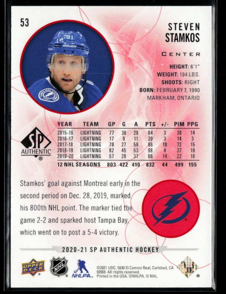 2020-21 SP Authentic Limited Red #53 Steven Stamkos - Image 2 of 2