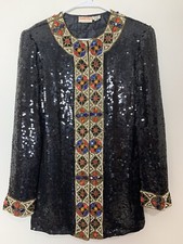 Scarlet Rage Vintage 80's Evening Jacket 100% Silk Black Sequin Beaded Medium