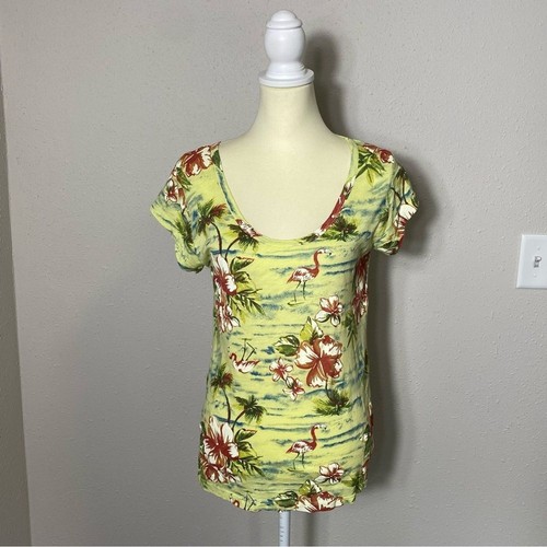 Fresh Produce Tropical Floral Flamingo Scoop Neck Cotton Top Women's Size M - Picture 2 of 14