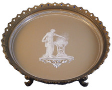 Antique 19thC Harrach Scenic Glass  Brass Compote Cake Stand Plate Tazza Scene