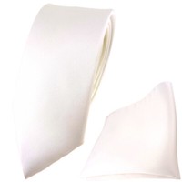 Schmale Tigertie Satin Seidenkrawatte + Seideneinstecktuch Creme Weiss Einfarbig