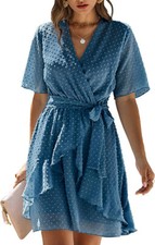 NWT $43 SIZE SMALL BTFBM Women 2023 Fashion Faux Wrap V-Neck Dress SWISS DOT