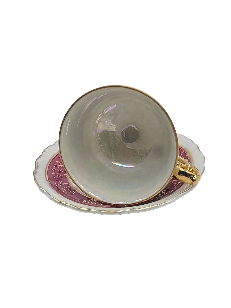 Red Demitasse Courting Couple Footed Gilded Small Cup and Saucer Vintage Japan