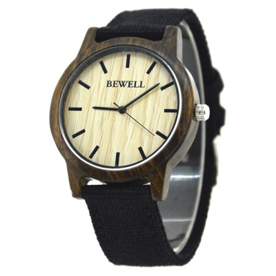 BEWELL Holzuhr Herrenuhr Damenuhr Sandelholz 42mm Canvas Armband Top Geschenk