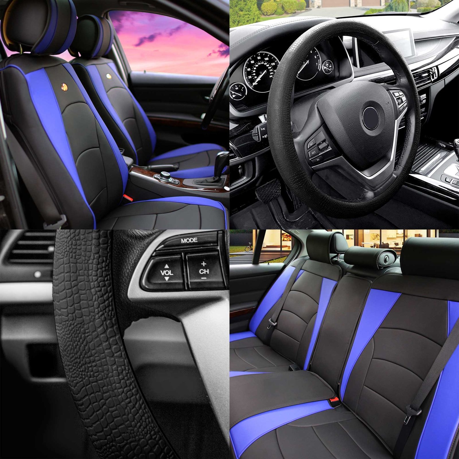 Car Seat Cover Leatherette Buckets Blue Black w/ Black Steering Cover For Car