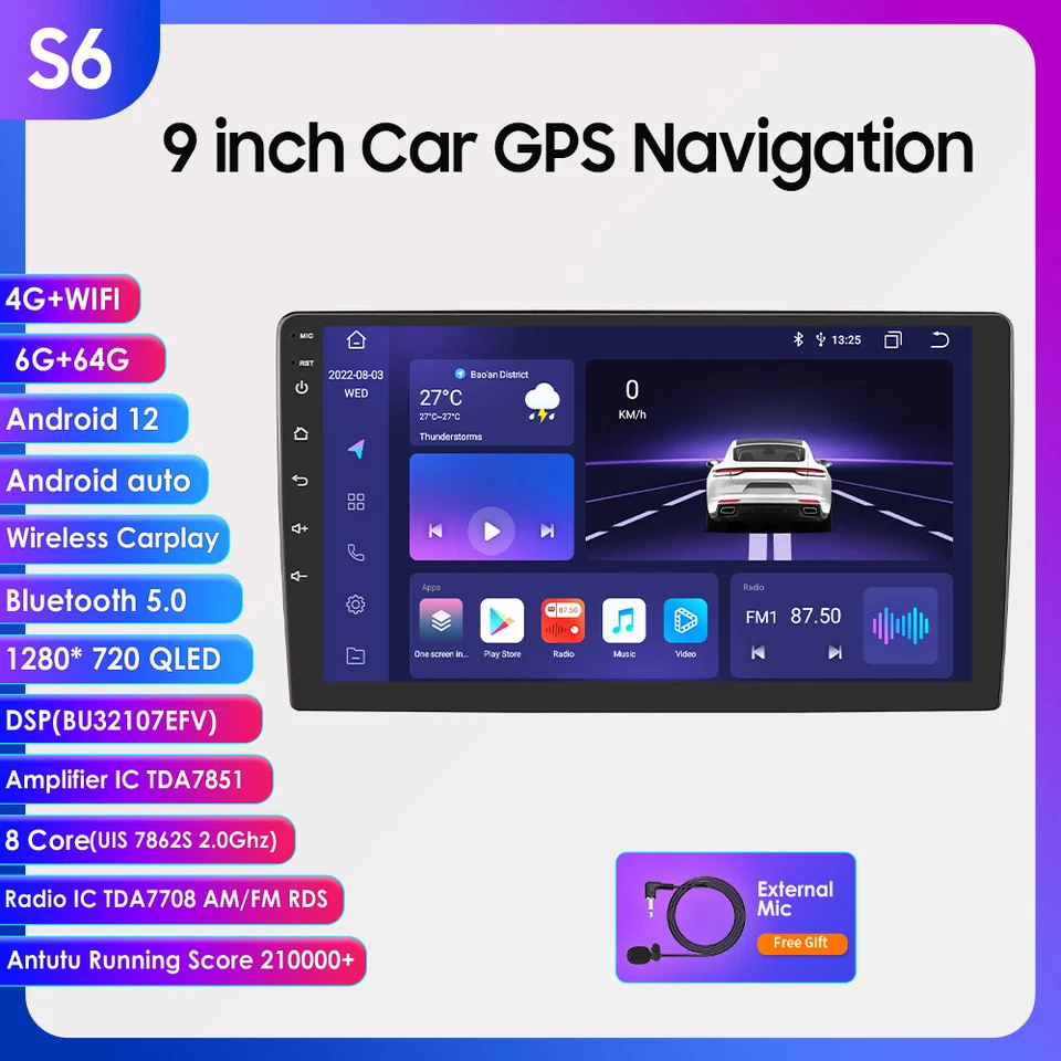 9" 2Din 6+64GB Android 12 Auto Car Radio Stereo WiFi 8Core CarPlay GPS Navi DSP - Image 4 of 4