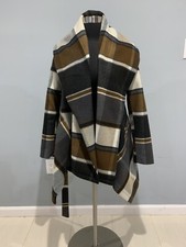 Chicwish Rabato Wrap Prairie Check Belted Shawl Collar Asym Pea Coat Xs