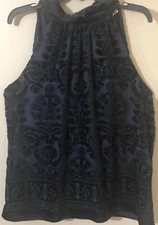 Max Studio Sleeveless Blouse Halter Tie Neck Top Chiffon Velvet Floral Navy Sz L
