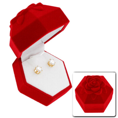 Stud Earrings Round 2 Carat Tw Cz Cubic Zirconia Gold Tone Red Rose Gift Box
