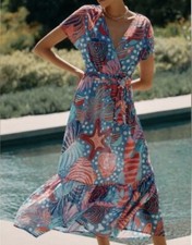 Anthropologie Farm Rio Printed Wrap Dress Size Large Ocean Beach Blue NWT! 🪸🐠