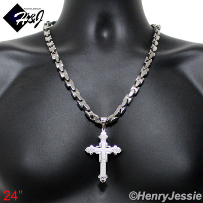 24''MEN Stainless Steel 8mm Silver Interlock Bone Chain Necklace Cross Pendant*K