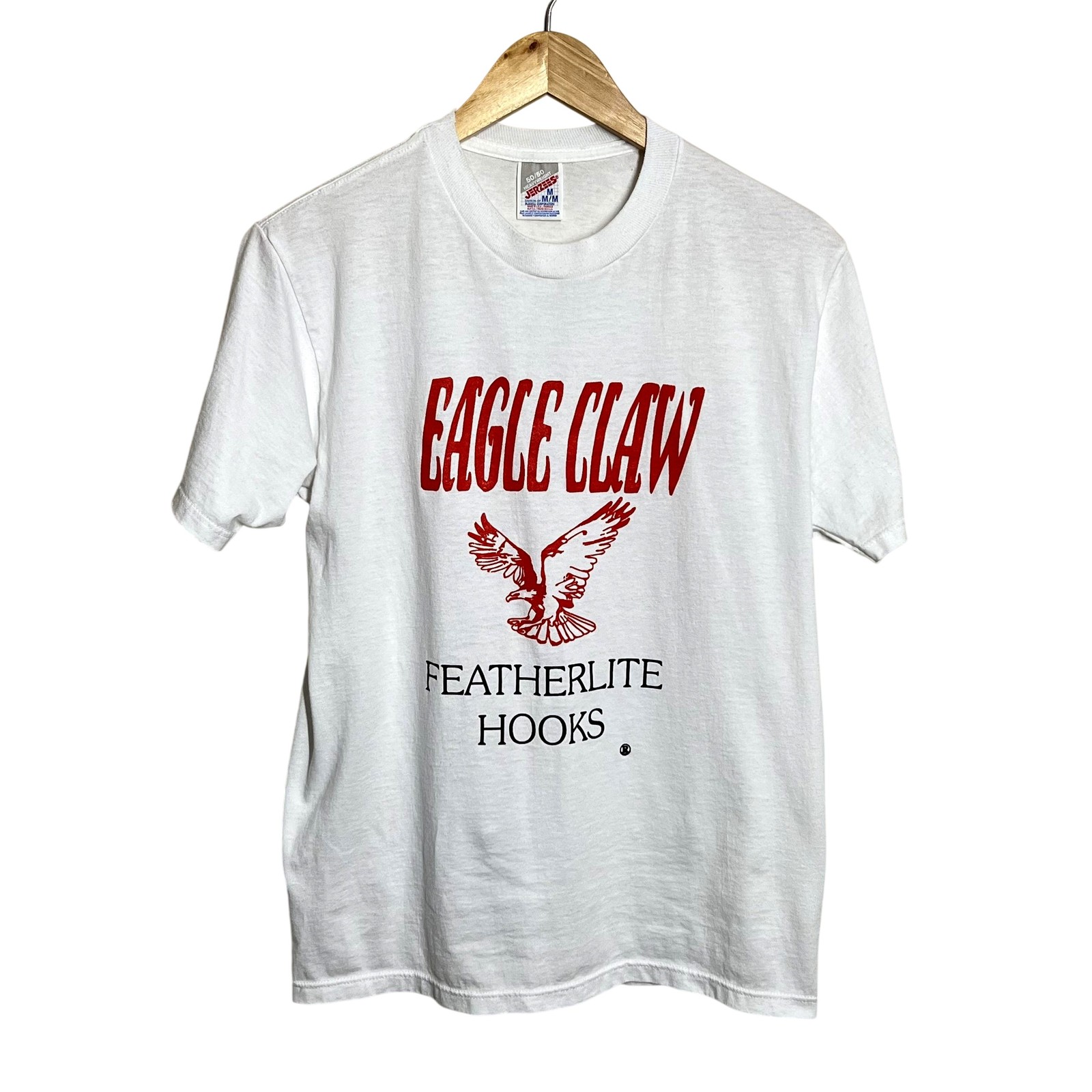 Vintage Eagle Claw Shirt Mens Medium White Jerzees Fishing Hooks Graphic Tee 90s