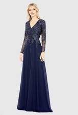 Mac Duggal Navy Embellished Illusion V Neck Long Sleeve Gown Size 4