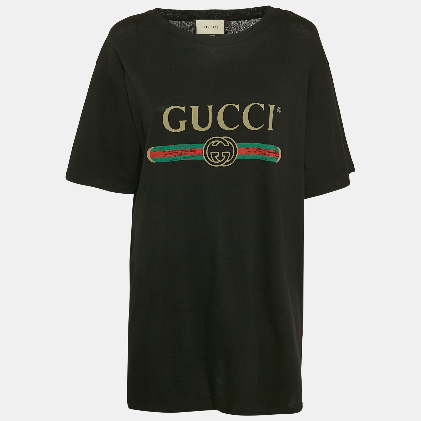 Gucci Black Vintage Print Jersey Distressed T-Shirt L