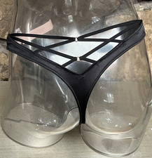 Victoria's Secret High Leg Satin Strappy THONG Panty Sz S BLACK NWT 16.95