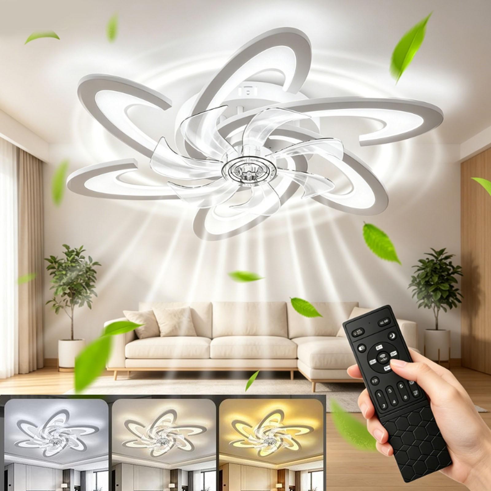 LED Ceiling Fan Light Dimmable Living Room Chandelier Lamp With Remote Control