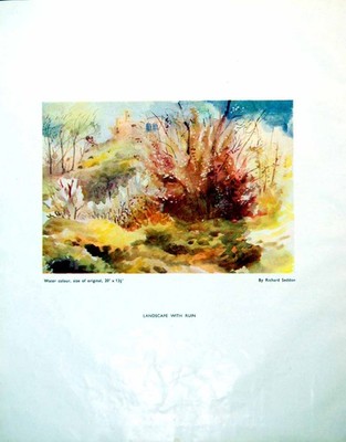 Original alter Vintage Druck Landschaft mit Ruine Richard Seddon Efeubaum 1946 0