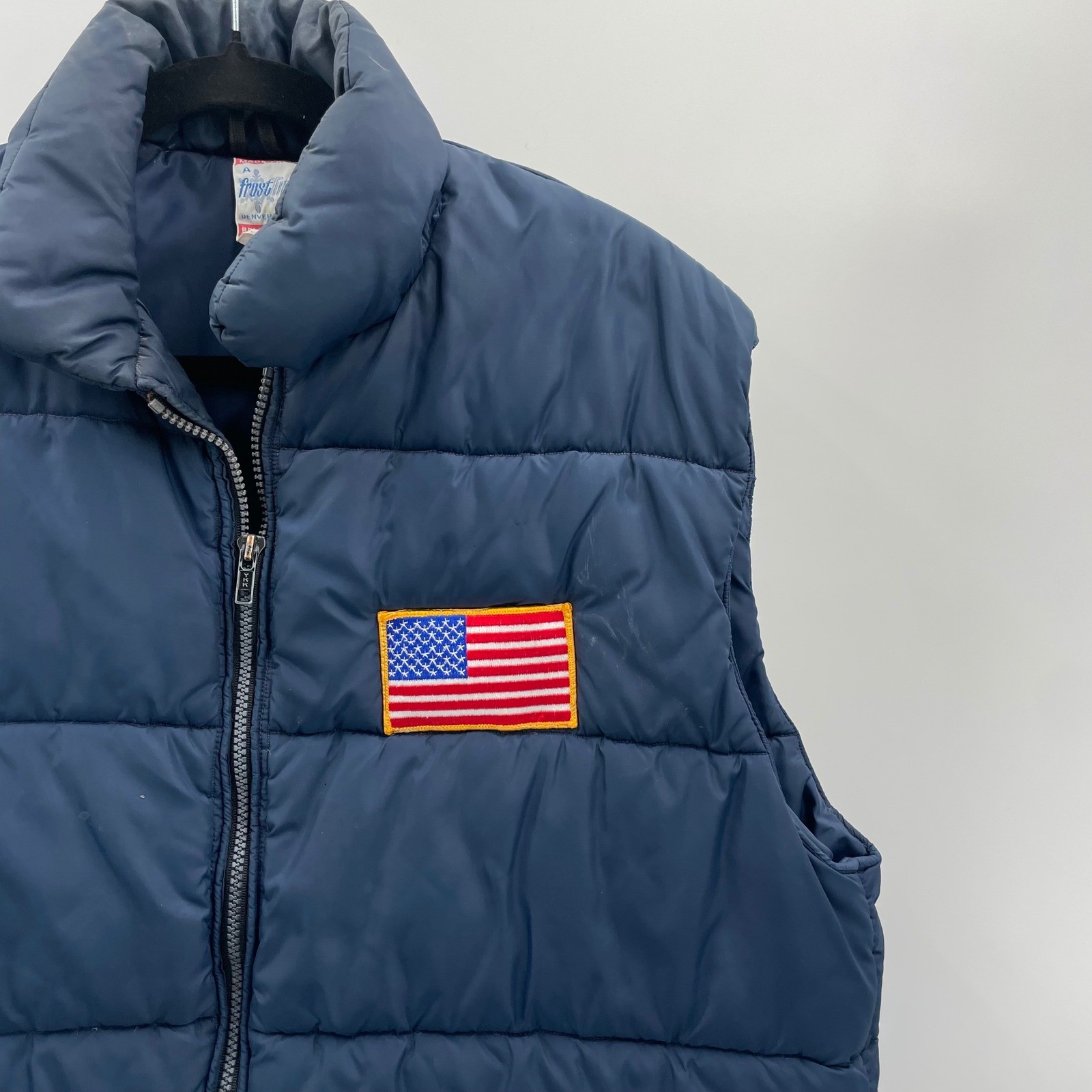 Vintage Frostline Kit Vest Mens Puffer Navy Blue American Flag Patch Outdoors XL